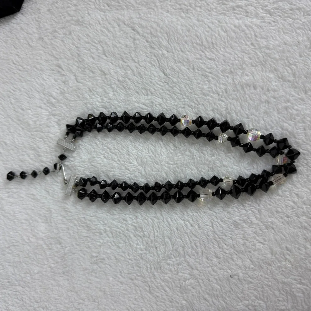 Vintage Japan Double Strand Black Faceted Bead Crystal‎ Choker Necklace 14-16in
